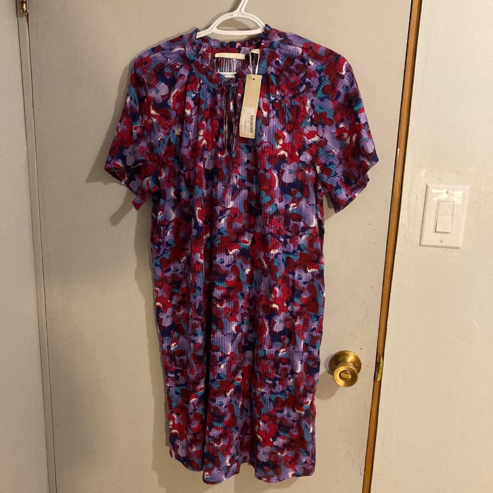 #90 Women's Esprit Cotton Midi Short Sleeve Tie neck Dress, Size Small